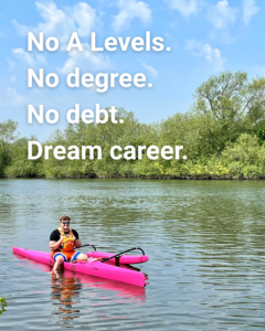 James sat in a pink canoe on the river